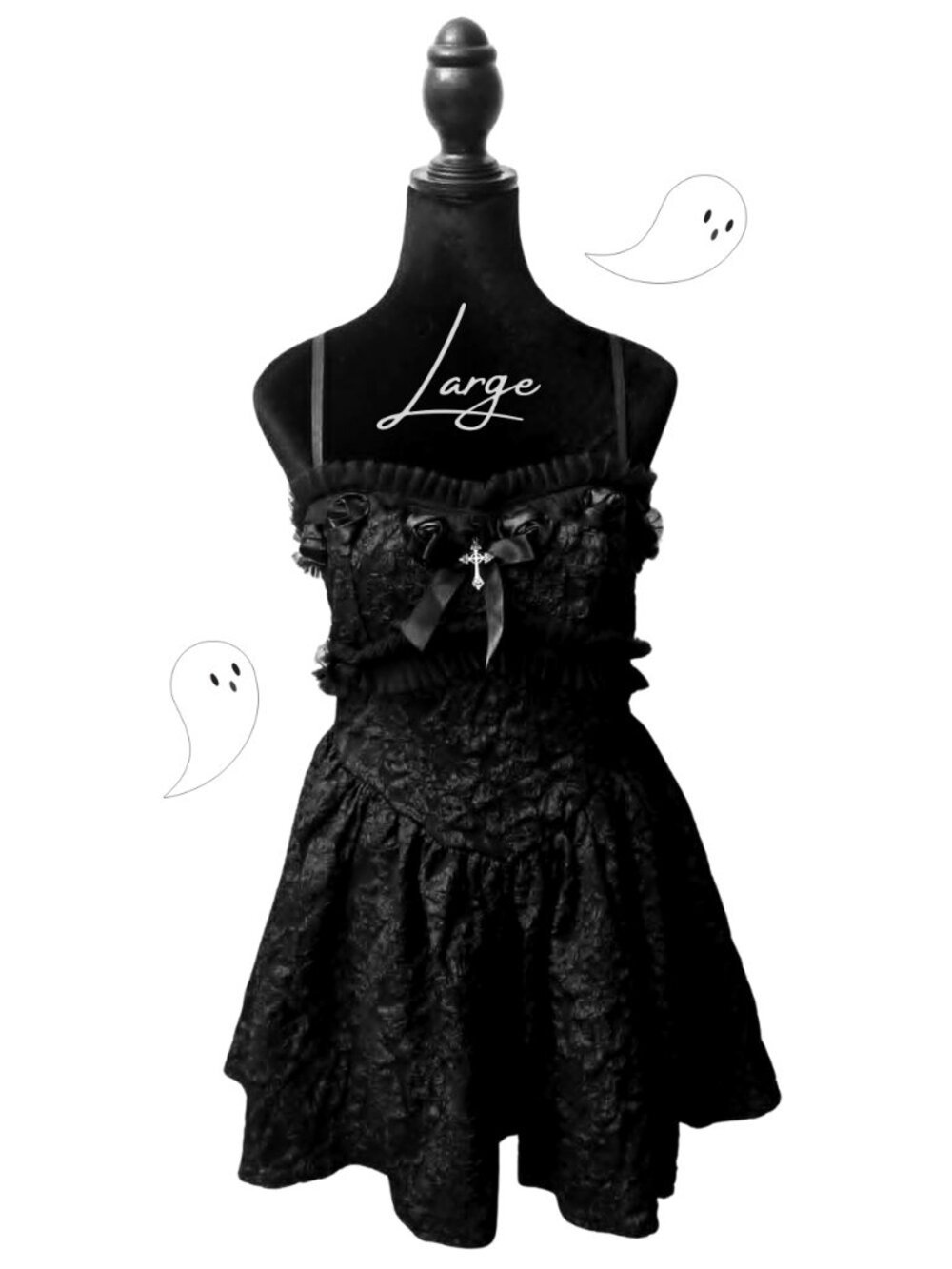 Black Rose Gothic Lolita Coquette Mini Dress Cross Bows Ruffles Size L